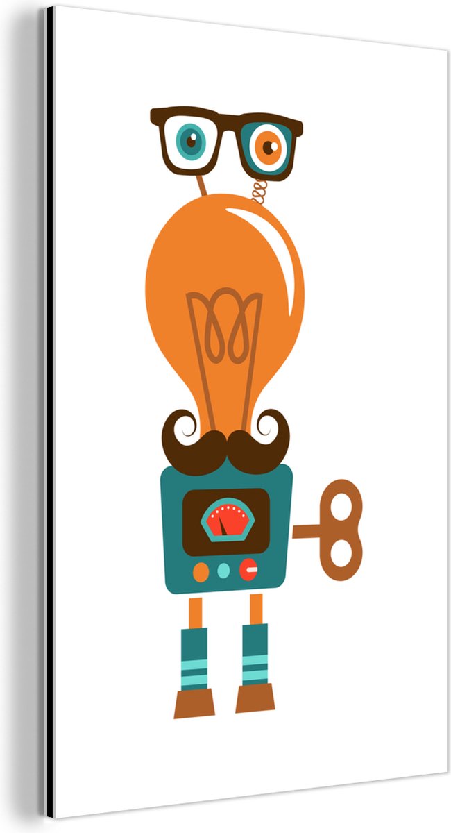 Aluminium schilderij 40x60 cm - Wanddecoratie metaal - Robot - Bril - Gloeilamp - Snor - K