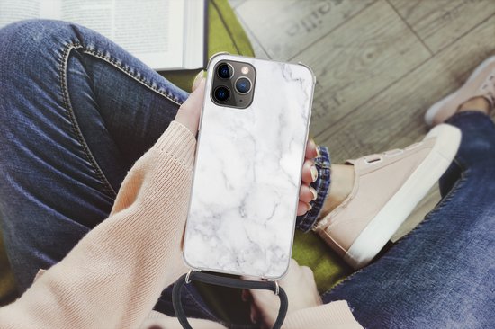 Coque avec cordon iPhone 11 Pro - Marbre - Wit - Grijs - Luxe - Aspect marbre - Pierre - Siliconen - Bandoulière - Coque arrière avec cordon - Coque pour téléphone avec cordon - Coque avec corde