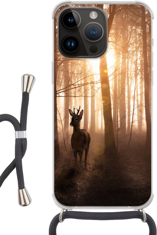 Convient pour Apple iPhone 14 Pro - Étui à bandoulière - Forêt - Cerf - Soleil - Arbres - Hiver - Nature - Animaux - Siliconen - Bandoulière - Coque arrière avec cordon - Étui pour téléphone avec cordon - Étui avec corde