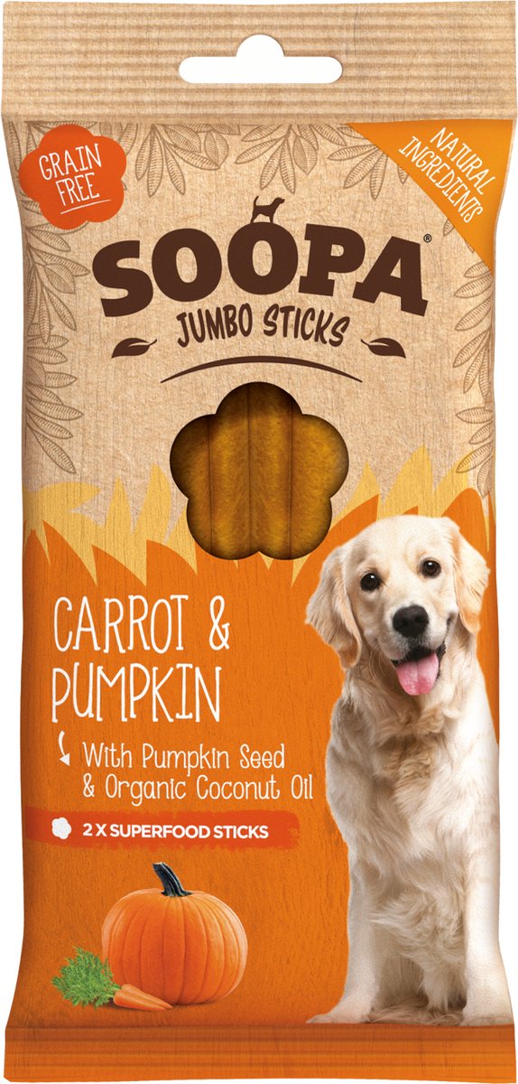 Soopa - Dental sticks - jumbo - wortel & pompoen - vegan -vegetarisch - kauwstaven
