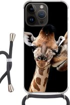 Geschikt voorApple Iphone 14 Pro - Crossbody Case - Giraffe - Dieren - Zwart - Portret - Dieren - Siliconen - Crossbody - Backcover met Koord - Telefoonhoesje met koord - Hoesje met touw