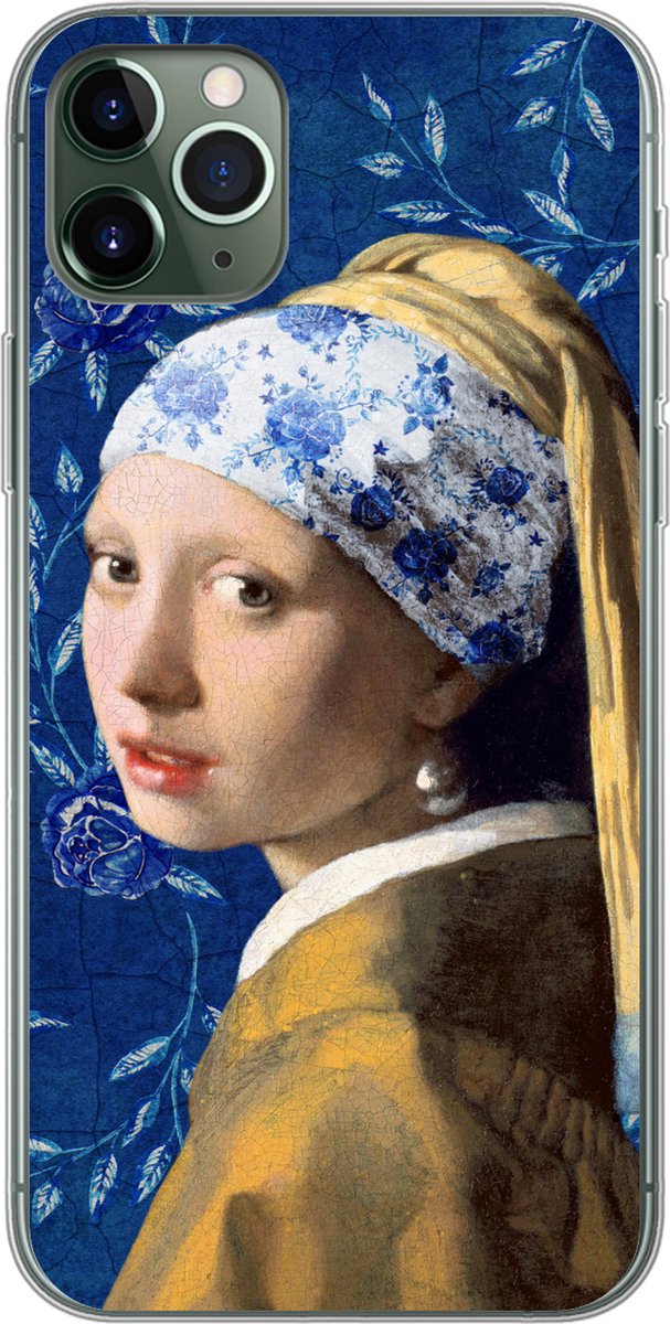 Telefoonhoesje Geschikt voor iPhone 11 Pro Max hoesje - Meisje met de parel - Delfts blauw - Vermeer - Bloemen - Schilderij - Oude meesters - Siliconen Telefoonhoesje Telefoonhoesje