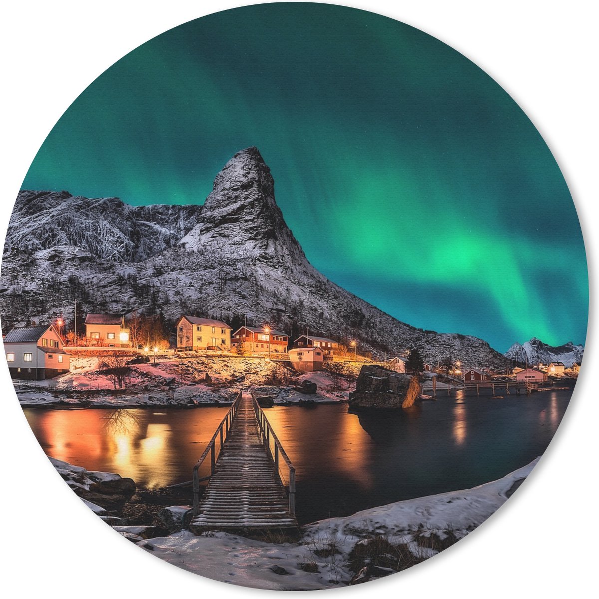 Muismat rond 30x30 cm - Mousepad Noorderlicht - IJsland - Sneeuw - Dorp - Groen - Bergen - Ronde muismatten