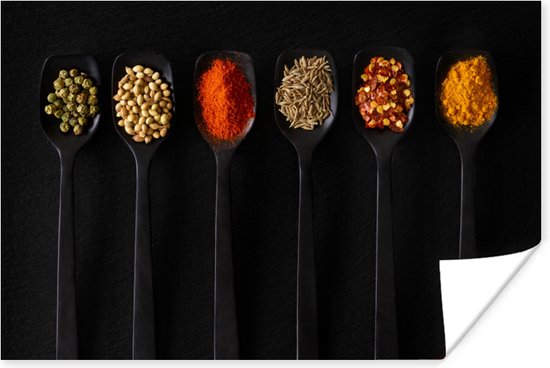 Affiche Cuillères - Épices - Zwart - Herbes - Rustique - 120x80 cm