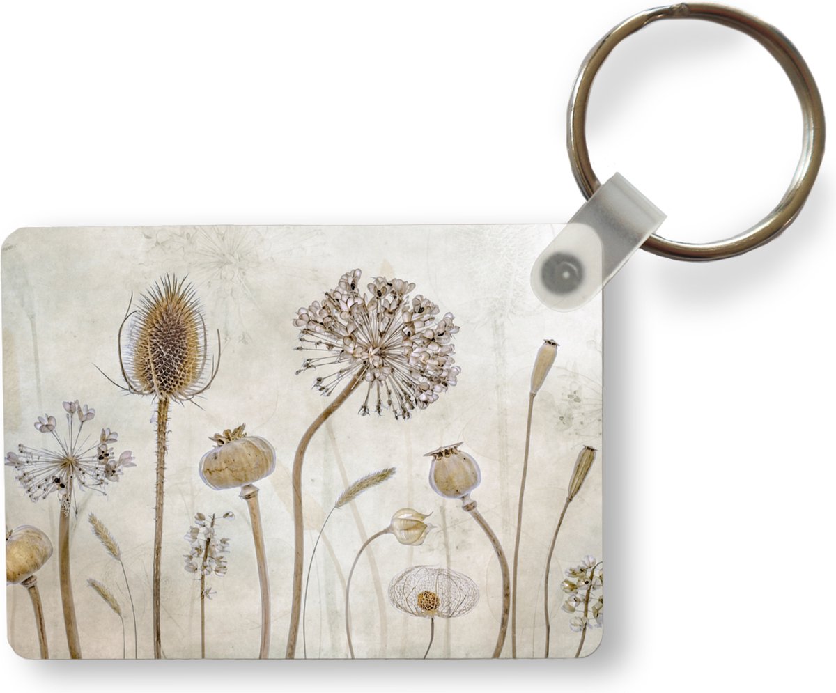Sleutelhanger - Bloemen - Waterverf - Stilleven - Bruin - Vintage - Uitdeelcadeautjes - Plastic