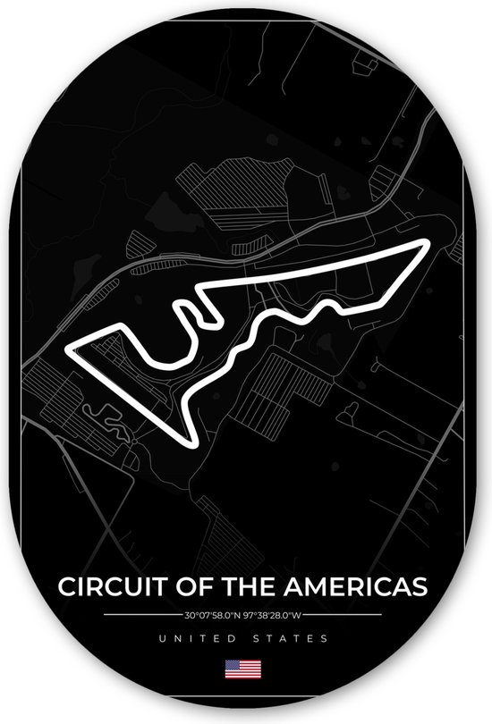 Muurovaal - Wandovaal - Kunststof Wanddecoratie - Ovalen Schilderij - Amerika - Racebaan - Formule 1 - Circuit of the Americas - Racing - Zwart - 80x120 cm - Ovale spiegel vorm op kunststof
