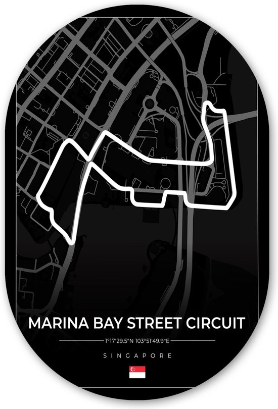 Muurovaal - Wandovaal - Kunststof Wanddecoratie - Ovalen Schilderij - Racing - Sport - Racebaan - Singapore - Marina Bay Street Circuit - Zwart - 80x120 cm - Ovale spiegel vorm op kunststof