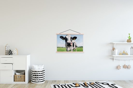 Posterhanger incl. Poster 60x40 cm - Schoolplaat - Koe - Weiland - Natuur - Dieren - Gras - Textielposter - Blanke latten