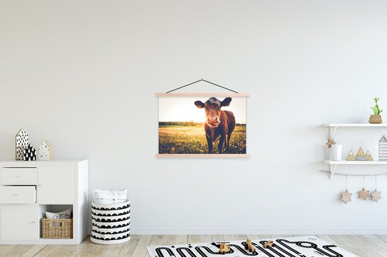 Porte-affiche avec affiche - Affiche scolaire - Vache - Coucher de soleil - Fleurs - Herbe - Animaux - 90x60 cm - Lattes vierges