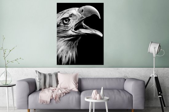 Wanddecoratie Metaal - Aluminium Schilderij Industrieel - Adelaar - Portret - Roofvogels - Zwart - Wit - Vogel - 90x120 cm - Dibond - Foto op aluminium - Industriële muurdecoratie - Voor de woonkamer/slaapkamer