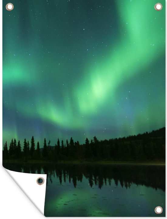 Tuin decoratie Noorderlicht - Bomen - Water - Alaska - 30x40 cm - Tuindoek - Buitenposter