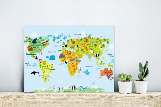 Décoration murale Métal - Peinture Aluminium Industrielle - Wereldkaart - Enfants - Animaux - Nature - Garçons - Filles - 40x30 cm - Dibond - Photo sur aluminium - Décoration murale industrielle - Pour le salon / chambre