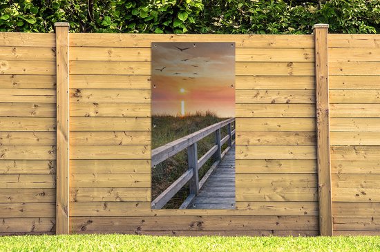 Affiche clôture Coucher de soleil - Mer - Chemin - Herbe - Dune - Vogels - 100x200 cm - Toile jardin