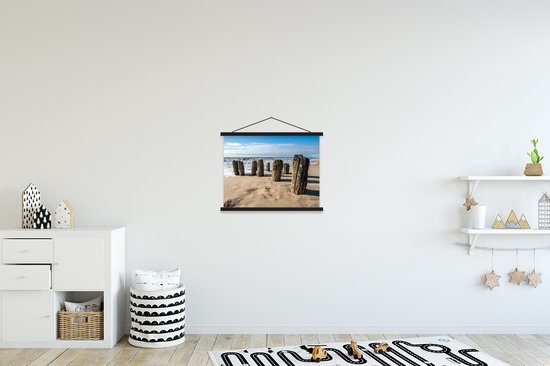 Porte-affiche avec affiche - Affiche scolaire - Sable - Plage - Poteau - Water - Été - 40x30 cm - Lattes noires