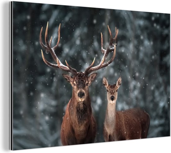 Wanddecoratie Metaal - Aluminium Schilderij Industrieel - Hert - Dieren - Winter - Gewei - Sneeuw - Natuur - 30x20 cm - Dibond - Foto op aluminium - Industriële muurdecoratie - Voor de woonkamer/slaapkamer