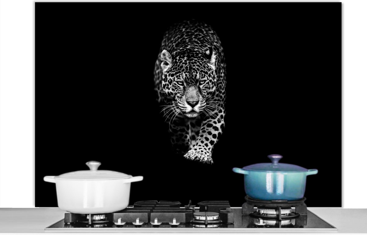 Spatscherm keuken 120x80 cm - Kookplaat achterwand Dieren - Zwart - Luipaard - Wit - Wild - Muurbeschermer - Spatwand fornuis - Hoogwaardig aluminium