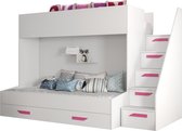 InspireMe - Stapelbed LECKLER 16 - Antresola - 90X200 cm - naar de Kinderkamer - Wit + Roze handvatten (zonder Matras)