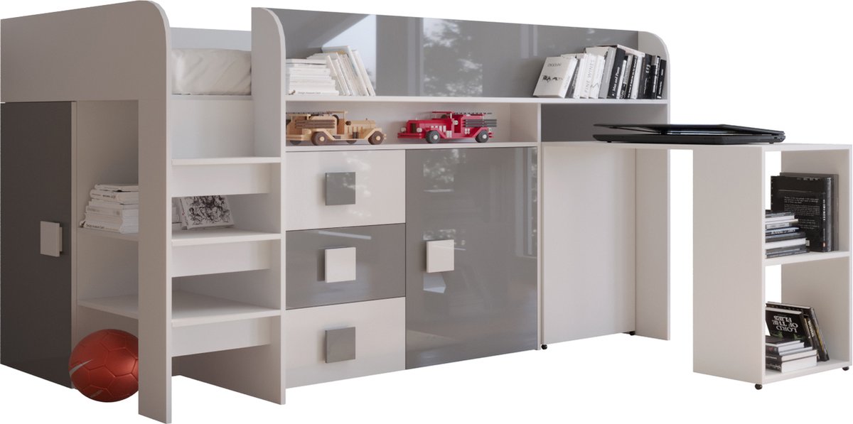 Stapelbed LEDO 1 - Antresola - 90X200 cm - naar de Kinderkamer - Wit + Grijs (zonder Matras)