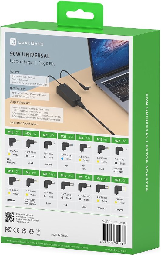 Chargeur adaptateur chargeur universel pour ordinateur portable 90W avec connecteurs 14 broches | LB-U901