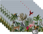 Placemat kinderen - Placemat - Placemats kunststof - Jungle - Flamingo - Aap - Jongens - Meisjes - Kids - 45x30 cm - 6 stuks - Hittebestendig - Anti-Slip - Onderlegger - Afneembaar