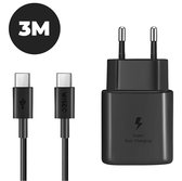 Snellader Samsung USB C Oplader Samsung Galaxy met 3 Meter Kabel - Zwart - 25W Adapter - WiseQ