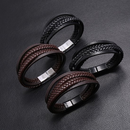 Bracelet pour Homme - Cuir Brun avec Fermeture en Acier - Double tresse - Bracelets - Cadeau pour homme - Cadeaux Masculins