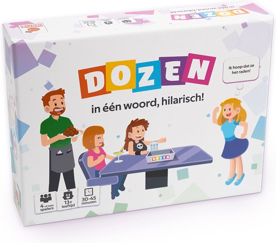 Dozen spel verpakking met illustraties van een party. "DOZEN in één woord, hilarisch!".