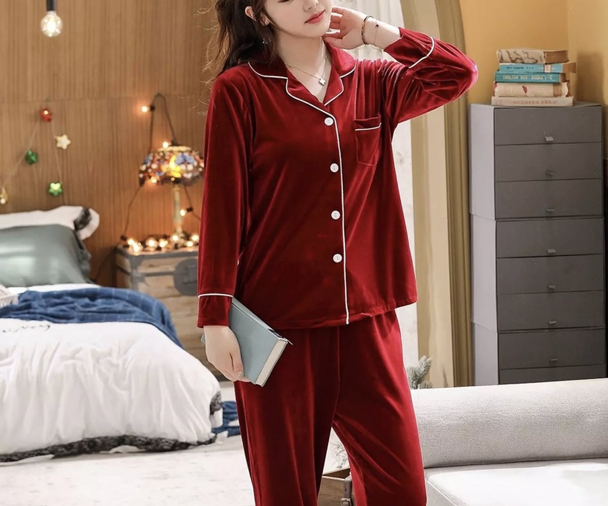 Warme, extra zachte pyjama dames - fluweel fleece - 2 delig - nachtkleding  - rood -... | bol.com