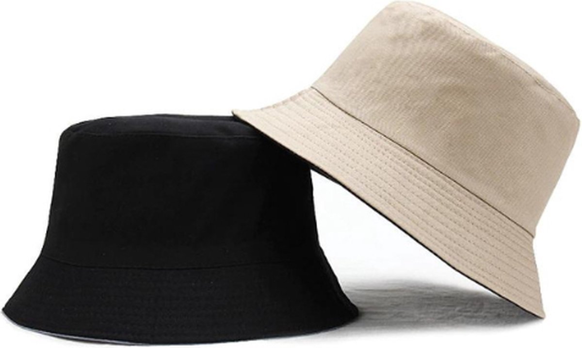 Bucket Hat - Reversible - Vissershoedje - Zonnehoedje - Regenhoedje - Dames - Heren - Unisex - Vrouwen - Zwart/beige - Cheapass