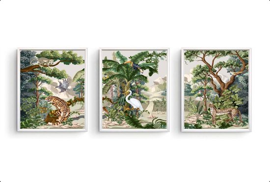 Postercity - Poster set 3 Vintage Jungle Dieren Tijger Cheeta Vogel Aapje - Jungle / Safari Poster - Kinderkamer / Babykamer - 30x21cm / A4