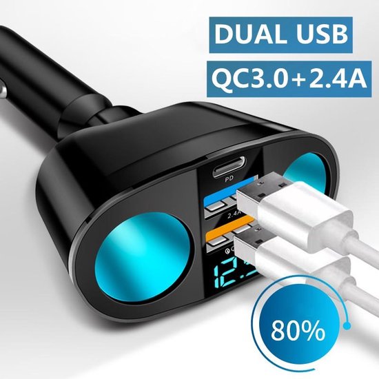 Dual USB PD Auto Plug Splitter Oplader QC 3.0 Quick Charge poorten 12 V-24 V 60 W... | bol.com