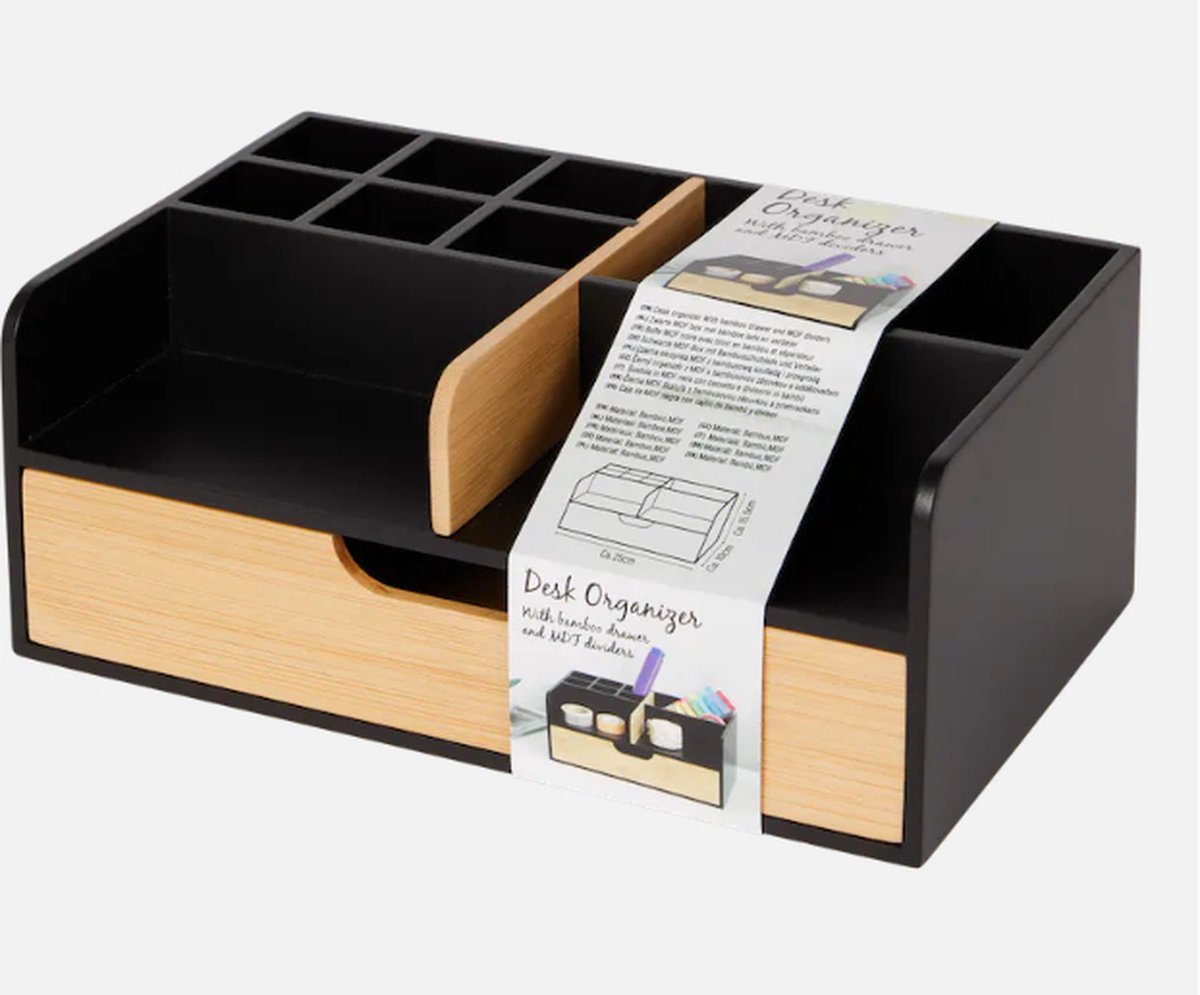 Relaxdays bureau organizer, bamboe, met 6 vakken, kantoor, pennenbak, voor brieven, HBD 14x28x19,5 cm, natuur