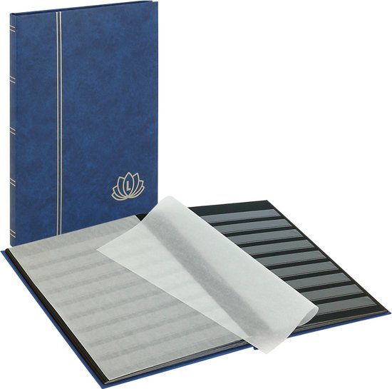 Blauw insteekalbum met gouden Lotus-logo, 16 zwarte bladen, beschermpapier.