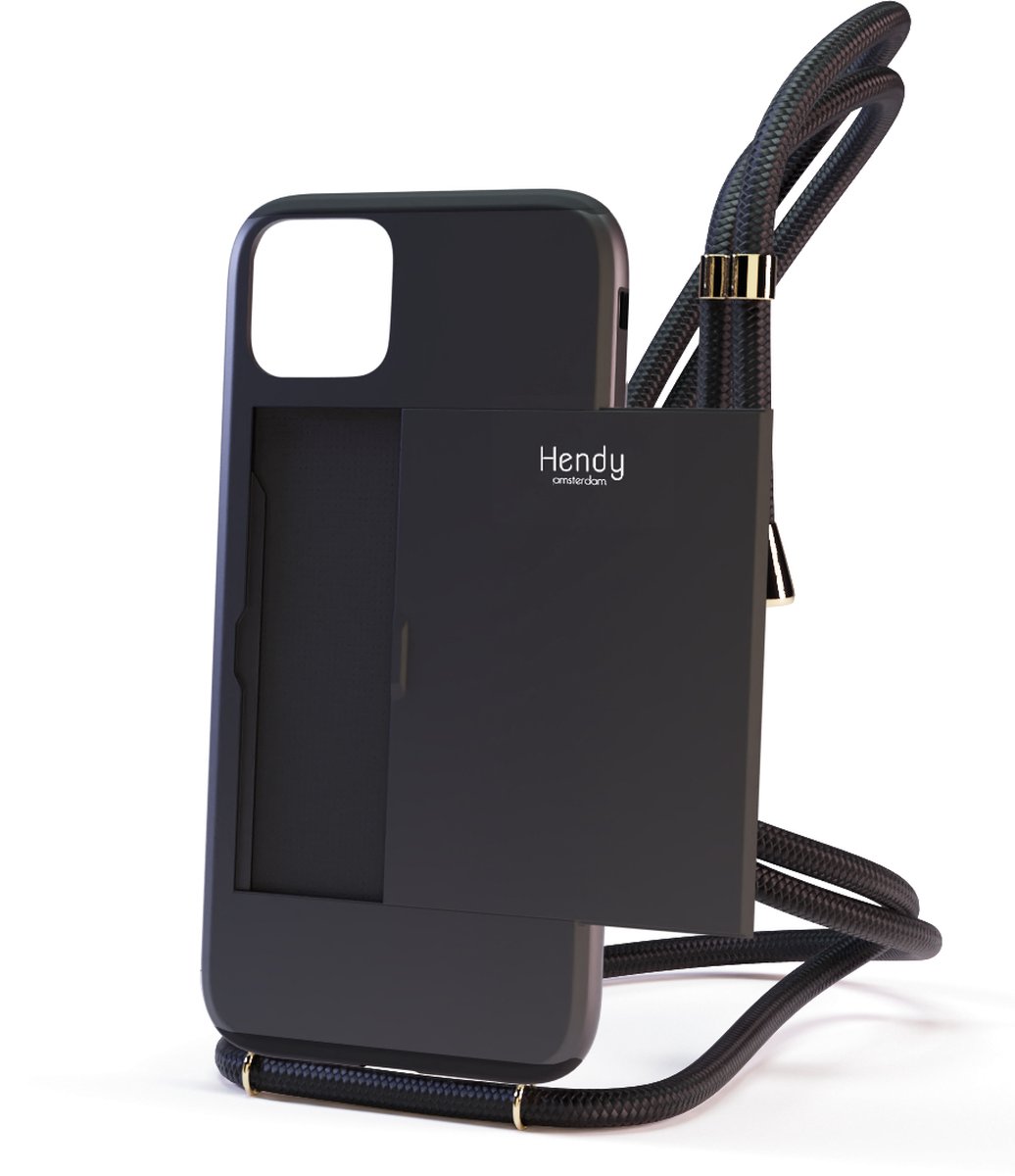 Hendy telefoonhoesje met koord - Sophisticated (ruimte voor pasjes) - Black - iPhone 12 / 12 Pro