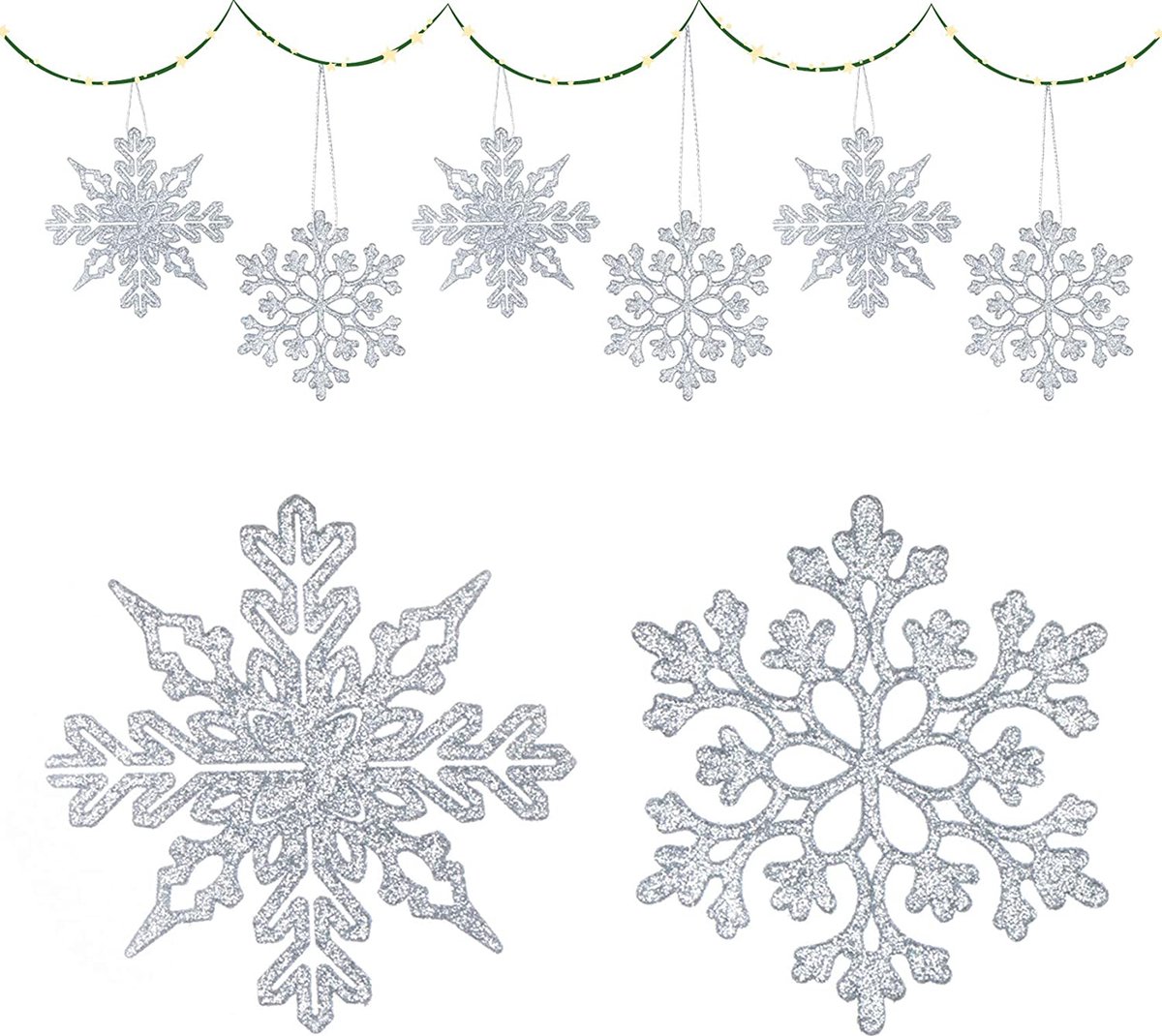 36 stuks sneeuwvlokken om op te hangen voor kerstboom, glitter, kerstboomversiering, kerstdecoratie, raamdecoratie, wit, 10 cm