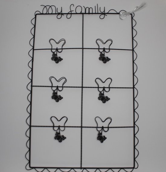 Amadeo Wandrek My Family - Rechthoekig 8 vaks - Wandrek metaal - Zwart – Wanddecoratie – Memobord – Fotorek - Vlinders