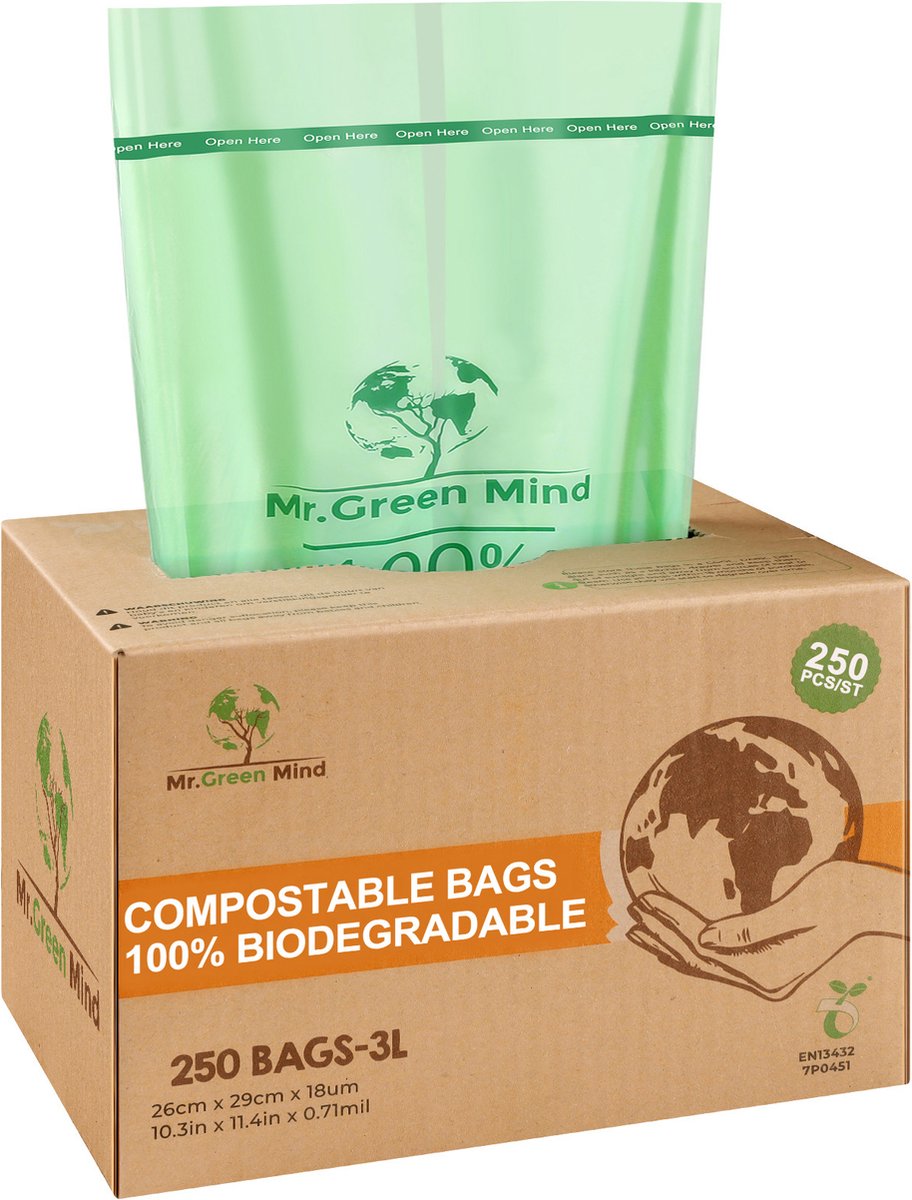 Biozakken 2/3 liter 250 stuks biologisch afbreekbare afvalzakken – 28 x 29 cm - 100% composteerbare vuilniszakken - Incl. dispenser - gft afvalzakken - Mr. Green Mind