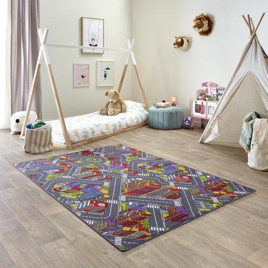 Carpet Studio Big City Speelkleed – Speelmat 140x200cm - Vloerkleed Kinderkamer - Anti-slip Speeltapijt - Verkeerskleed - Grijs