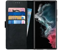 Rosso Deluxe Echt Leer Book Case Hoesje Geschikt voor Samsung Galaxy S22 Ultra | Ruimte voor drie pasjes | Portemonnee Book Case | Met Pasjeshouder | Zwart