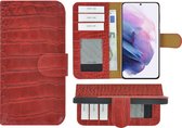 Samsung Galaxy S21 Plus hoesje - Bookcase - Samsung S21 Plus Hoesje Book Case Wallet Echt Leder Croco Rood Cover
