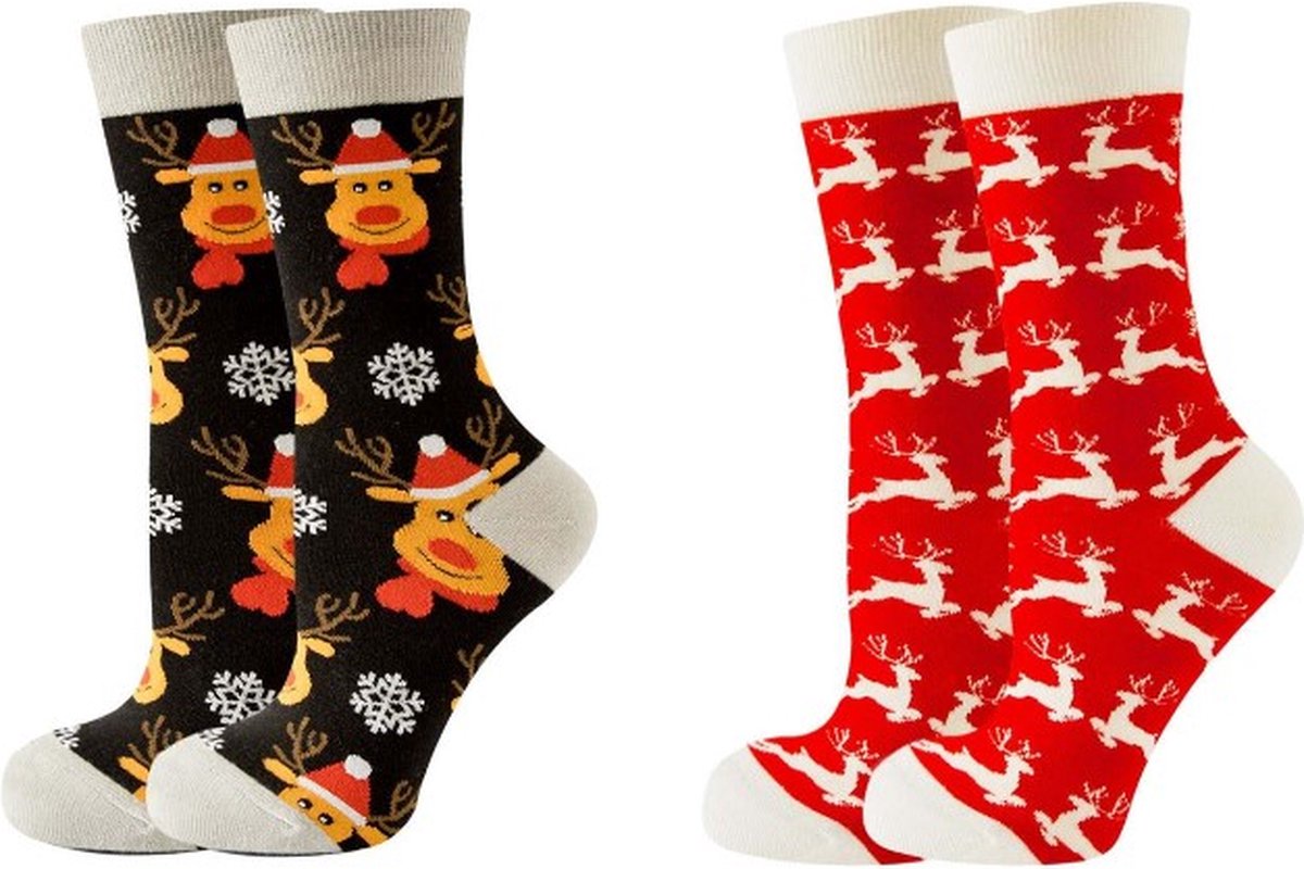 ASTRADAVI Christmas Socks - Sokken - 2 Paar Kerstsokken - Premium Katoenen Normale Sokken - 35/40 - Rood, Wit, Zwart -  Kerstcadeau Idee
