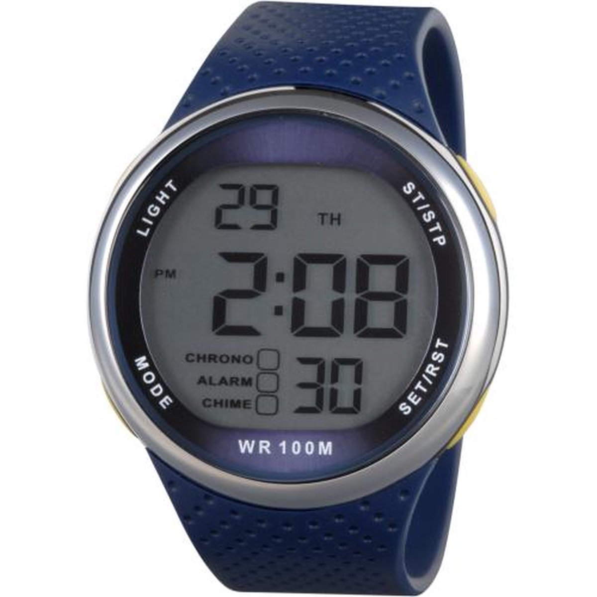 Xonix GJ-006 - Horloge - Digitaal - Heren - Mannen - Rond - Siliconen band - ABS - Cijfers - Achtergrondverlichting - Alarm - Start-Stop - Chronograaf - Tweede tijdzone - Waterdicht - 10 ATM - Donkerblauw - Zilverkleurig - Geel