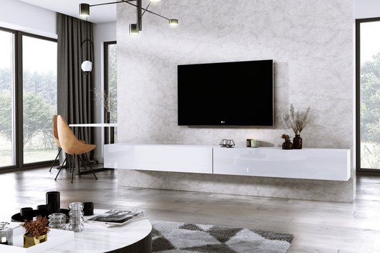 Meubel Square - TV meubel DIAMOND - Wit / Hoogglans Wit - 300cm (2x150cm) -  Hangend TV... | bol.com