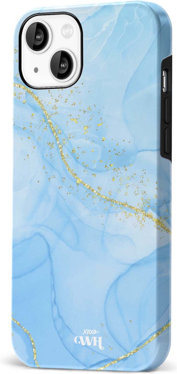 xoxo Wildhearts Marble Blue - Double Layer - Hoesje geschikt voor iPhone 14 hoesje - Marmer hoesje - Shockproof case - Beschermhoesje geschikt voor iPhone 14 case - Blauw