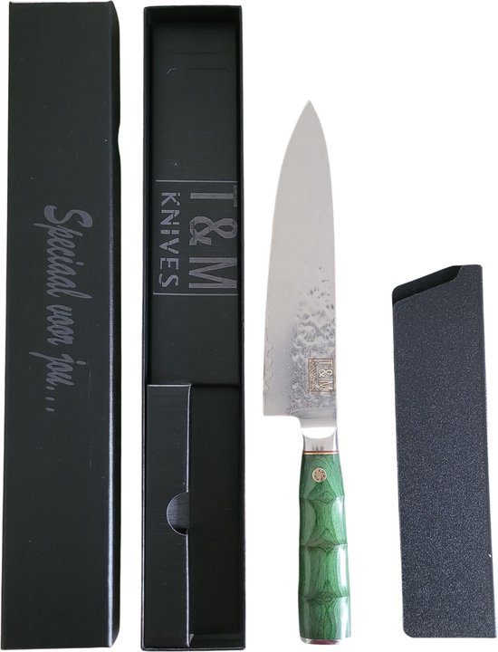 T&M Knives Koksmes Damascus Staal Deluxe - Japans Kiritsuke Hakmes - Emerald - Inclusief Giftbox Met Premium Beschermcover