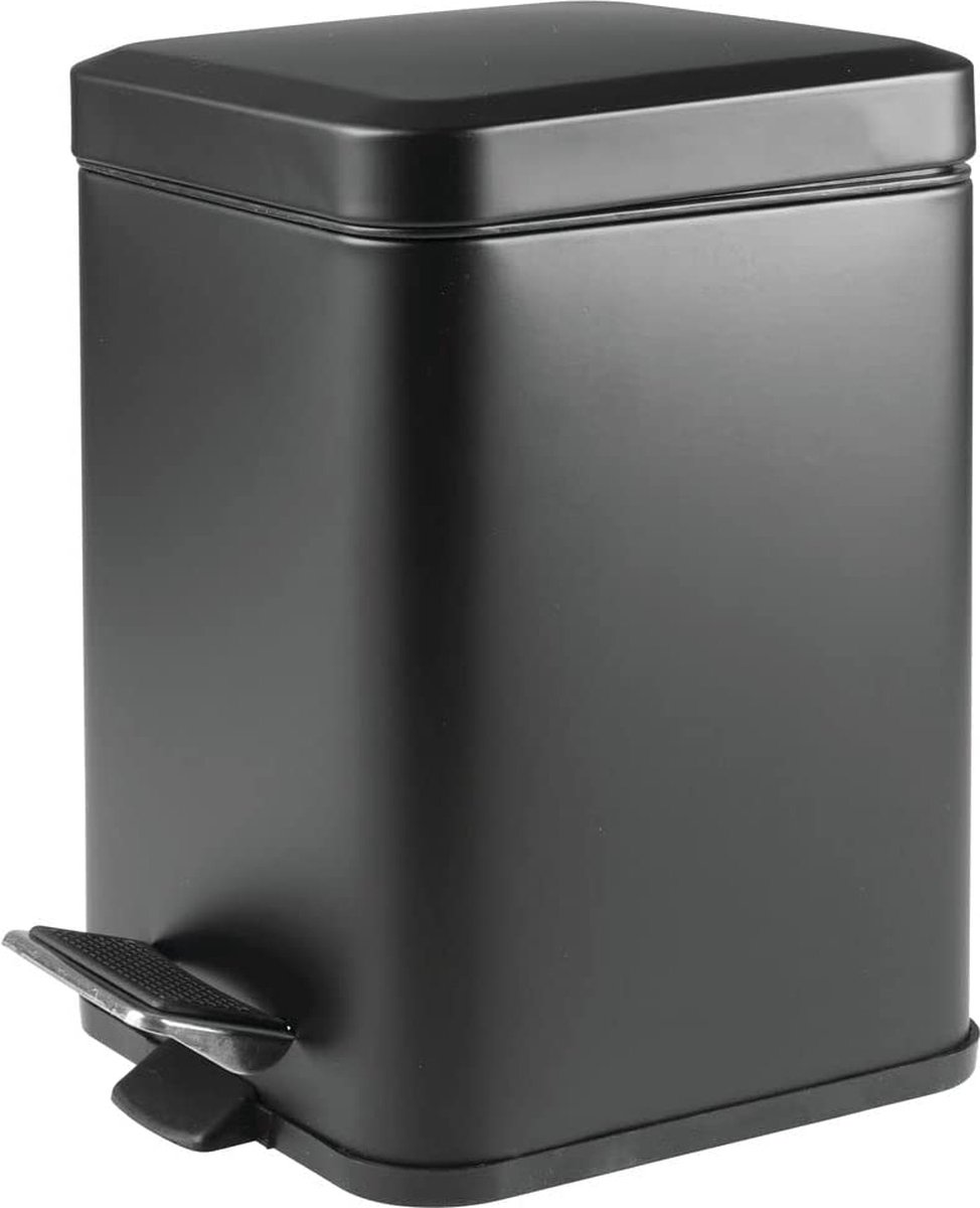 mDesign - Pedaalemmer - afvalbak/prullenbak - voor badkamer, keuken en kantoor - met pedaal, deksel en plastic binnenemmer/vierkant/metaal/6 liter - mat zwart