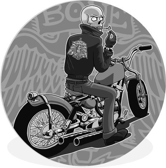 WallCircle - Wandcirkel ⌀ 60 - Een illustratie van een motorrijder op een rode bobber - zwart wit - Ronde schilderijen woonkamer - Wandbord rond - Muurdecoratie cirkel - Kamer decoratie binnen - Wanddecoratie muurcirkel - Woonaccessoires