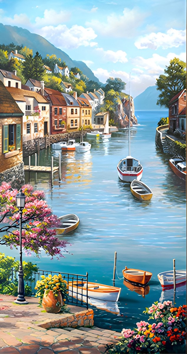 5D Diamond Painting 60x110cm - Dorp aan de rivier - Volledige Set - Inclusief Pen Schudbakje Wax Opbergzakjes en Wit Stickers - Ronde steentjes- dorp