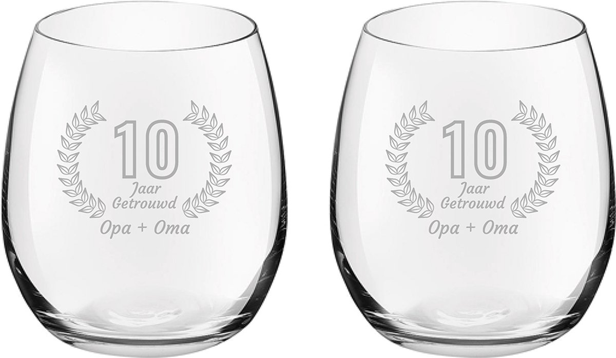 Gegraveerde set Drinkglazen 39cl Opa + Oma 10 jaar getrouwd
