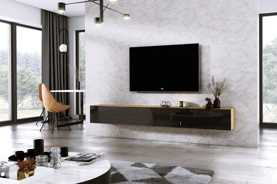 Meubel Square - TV meubel DIAMOND - Eiken / Hoogglans Zwart - 240cm (2x120cm) - Hangend TV Kast